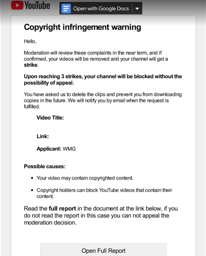 copyright infrangement warning - WMG